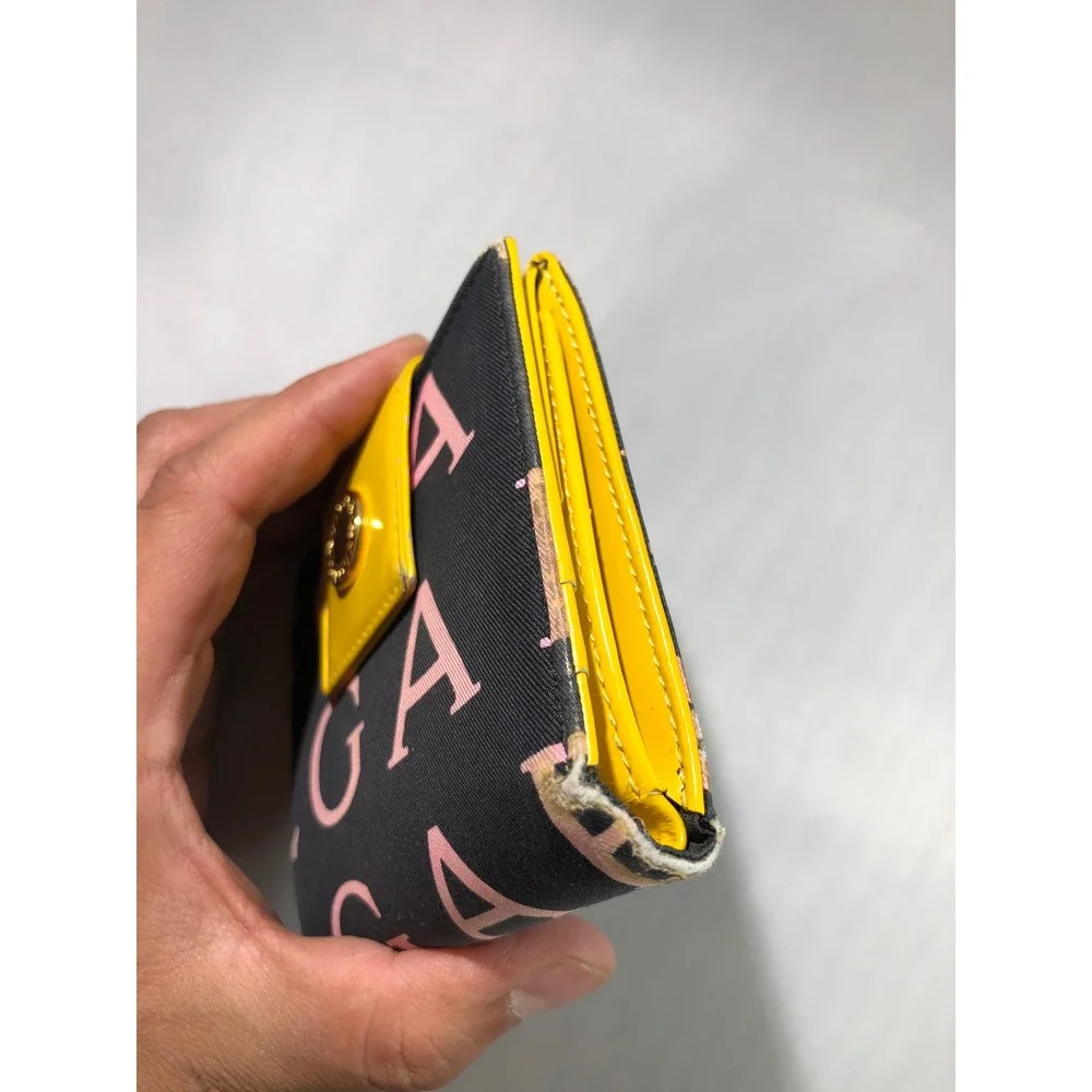 Bvlgari Logomania Bifold Wallet Black Pink Canvas Yellow Leather Italy ABEMEM